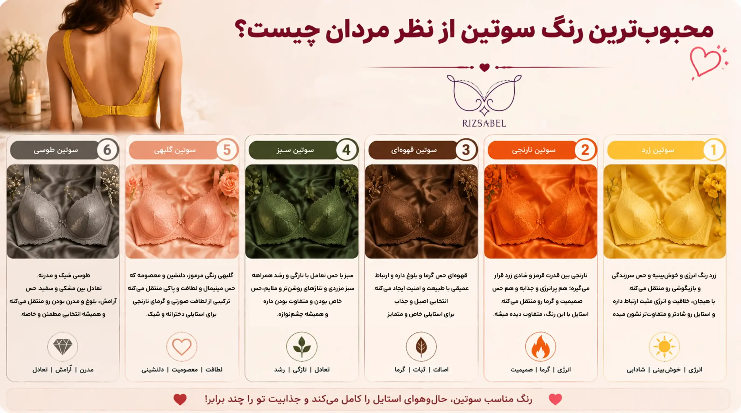 محبوبترین رنگ سوتین از نظر مردان (زرد، نارنجی، قهوه ای، سبز، گلبهی، طوسی)